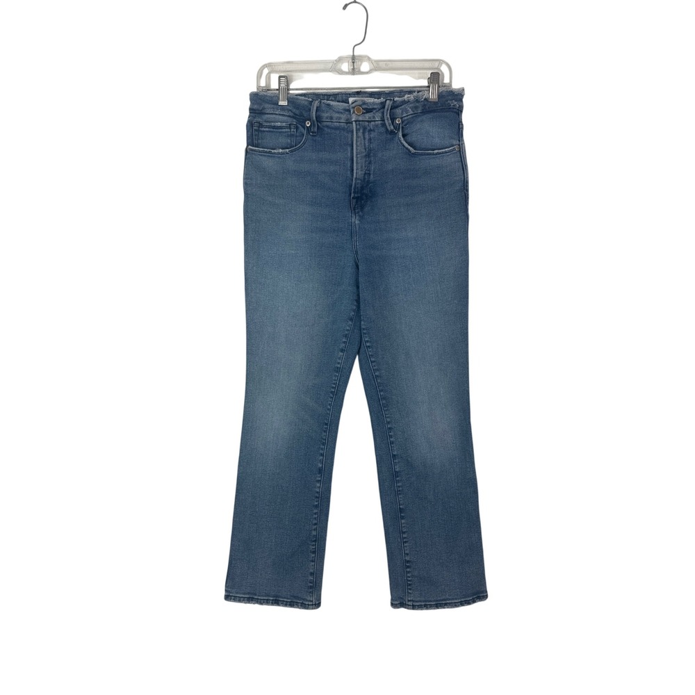 Good American Jeans Straight Leg High Rise Womens 8/29 Distressed Denim Blue